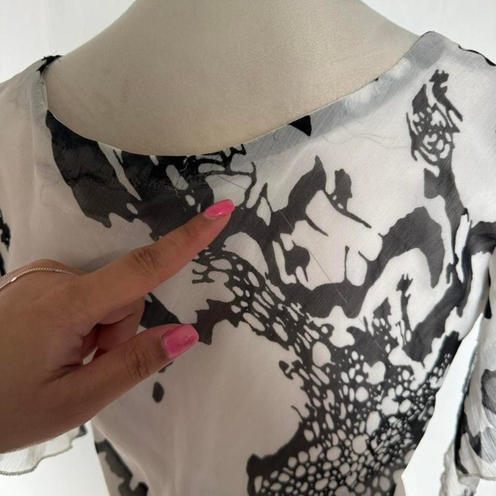 y2k black white abstract floral print midi dress ruffle sleeves asymmetrical hem - Picture 8 of 8